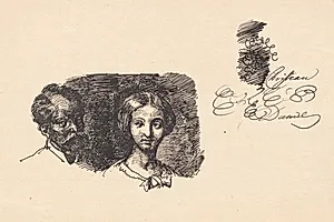 Studieblad med to hoveder og en skriftprøve by Wilhelm Marstrand