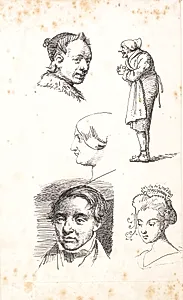 Studieblad med to mandshoveder, to kvindehoveder og en stående mand by Wilhelm Marstrand