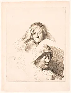 Studieblad med tre kvindehoveder, f.o. portræt af Saskia by Rembrandt van Rijn