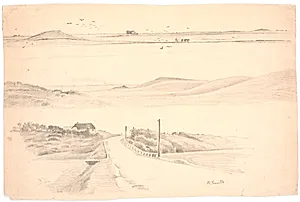Studieblad med tre landskaber fra jylland. Øverst: landskab med pløjemark; midten: landskab med høje bakker; nederst: landskab med hus og vej by Hans Smidth