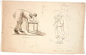 Studieblad, t.v. ses kunstneren selv, foroverbøjet, tegnende på en taburet eller et lille bord. Tegnet herover to studier af en officer og en kjoleklædt herre. I midten studiehoved, selv-portræt. T.h. står kunstneren med paraply på gaden ved en lygte og t by Johan Thomas Lundbye