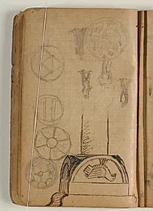 Studier af cirkulære ornamenter. Skitser af figurer og romansk søjlekapitæl by Niels Larsen Stevns