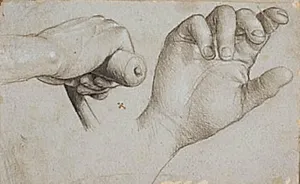 Studier af en armbrøstskyttes hånd og Skt. Sebastians hånd by Hans Holbein (I)
