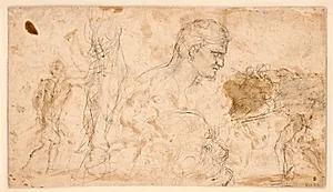 Studier af figurer og hoveder; figurerne yderst til venstre og højre er optegnet fra papirets forside by Giovanni Angelo Canini