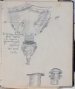 Studier af hatte, hjelm og kyrads. Farveangivelser by Niels Larsen Stevns