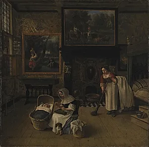 Stueinteriør med en broderende kvinde, der vugger et barn by Jan Siberechts