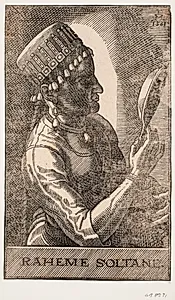 Sultanindeportræt, spejlende, profil mod h.: RAHEME SOLTANE. by Melchior Lorck
