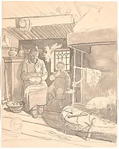 Svensk bondestue med gammel kone og barn by Wilhelm Marstrand