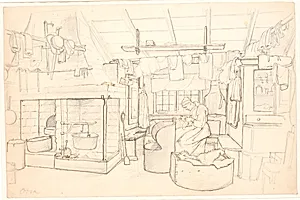 Svensk bondestue med syende kvinde by Wilhelm Marstrand