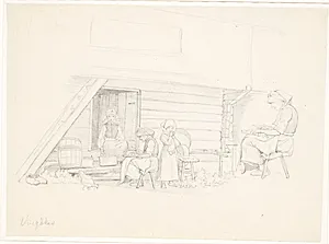Svensk kone og tre børn uden for et hus i "Vingåker" by Wilhelm Marstrand