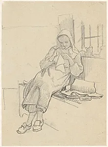 Svensk pige med sytøj, siddende på vinduesbænk by Wilhelm Marstrand