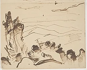 Sydfransk bjerglandskab med bevoksning i forgrunden (nederste halvdel af dobbeltsidet skitse) by J.A. Jerichau (II)