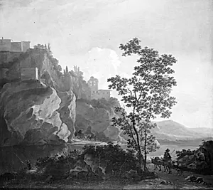 Sydlandsk landskab med en fisker by Jacob de Heusch
