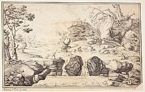 Sydlandsk landskab med klipper, et vandløb med vandfald og tre fiskere by Johanna Fosie