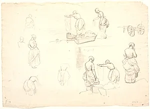 Syv detailstudier samt to studier til maleriet: "Vaskekoner ved Bondedammen i Hellebæk". 3. august 1838 by P.C. Skovgaard