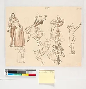 Syv figurstudier, dansende, model, grædende kvinde med armene om halsen på opgivende udseende mand by Wilhelm Marstrand