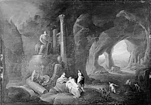 Syv nymfer i grotte by Dirck van der Lisse