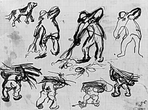 Syv skitser af gravende og brændebærende mænd samt skitse af en hund by Emile Othon Friesz