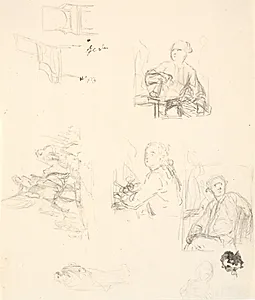 T.h. skitser til maleriet af Andreas Weidenhaupt, Kunstakademiet?. T.v. skitse af ryttere og to stole by C.A. Lorentzen