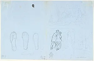 T.v. fødder. T.h. tre udkast til Snemanden by Lorenz Frølich