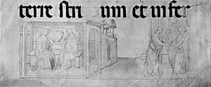 T.v. Kristus med Maria Magdalene eller Kristus, der tager afsked med jomfru Maria, t.h. Judas, der modtager de 30 sølvpenge og et tekstfragment