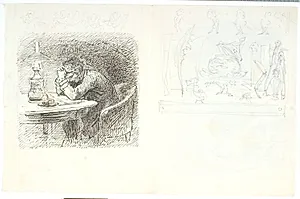 T.v.: Siddende mand, der læner sig ind over et bord. T.h.: Skrivebordsscene med papir, pen og blækhus by Lorenz Frølich