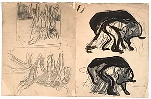 T.v: to kompositionsskitser med et sammenbøjet menneske under et bjørnelignende dyr. T.h.: to kompositionsskitser med flere figurer by Isakson, Karl