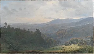 Tågen letter over skovene ved Himmelbjerget. Tidlig efterårsmorgen by Harald Foss