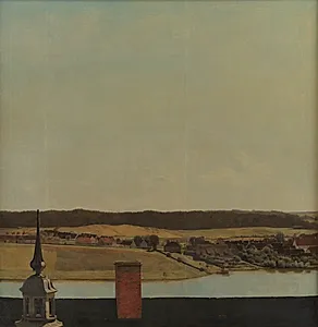 Tagryggen over Frederiksborg Slot med udsigt over sø, by og skov by Christen Købke