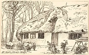 Tangdækket bondehus på Læssø by P.C. Skovgaard