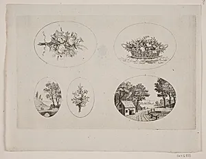 Tavle med fem ovale vignetter med blomster og landskaber by Gerhard Ludvig Lahde