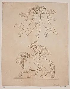 Tavle med tre amoriner og derunder amor på en løve by Gerhard Ludvig Lahde