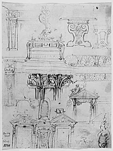 Tegninger til kaminer, en cassapanca, borde, ornamentale kanter, paneler eller vinduesrammer og en herme by Ubekendt