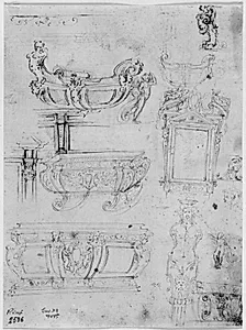 Tegninger til kartoucher, cassoni, rammer, en lysestage, en herme og ornamentale relieffer by Ubekendt
