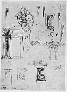 Tegninger til konsoller, paneler, dekorative borter, et hoved i profil og et ornament kombineret af et bukkehoved og en halv, bevinget, mandlig figur by Ubekendt