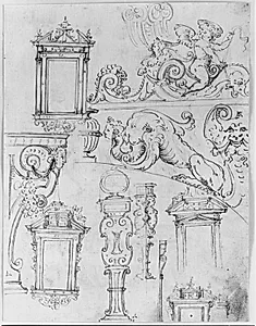 Tegninger til rammer, konsoller, hermer, pilastre, en mascherone og figurornamenter, med en putti ridende på en delfin og langhalsede sfinkser by Ubekendt