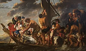 Tempelskatten. Peter finder mønten i fiskens gab. Også kaldet "Færgebåden til Antwerpen" by Jacob Jordaens
