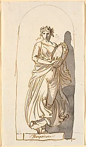 Terpsikore, dansens muse, som statue i en niche by Nicolai Abildgaard