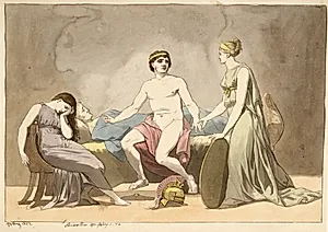 Thetis bringer våben til Achilles, som sørger ved Patroklos' lig by C.W. Eckersberg