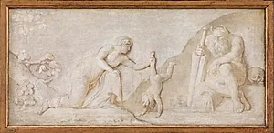 Thetis dypper sin spæde søn Achilleus i floden Styx for at gøre ham usårlig by Nicolai Abildgaard