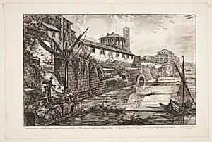 Tiberen ved Cloaca Maxima, kloakken, der tidligere kaldtes Bel Lido, med det runde tempel og kirken Santa Maria in Cosmedin i baggrunden by Giovanni Battista Piranesi