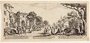 Tiggere og sultende ved en vej by Jacques Callot