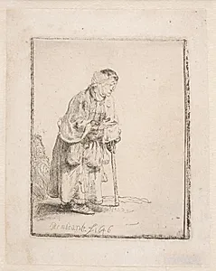 Tiggerske, lænende sig til en stok by Rembrandt van Rijn