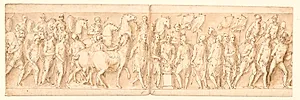 Tilfangetagne kvinder føres bort; livvagternes optog; Marcus Aurelius ofrer ved et alter; Marcus Aurelius betragter et angreb by Giovanni Guerra