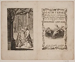 Titelblad og illustration til Jacob Vernet, "Offentlig Lærer i Historien og de Smukke Videnskaber ved Academiet i Genf Hans Socratiske Samtaler”.