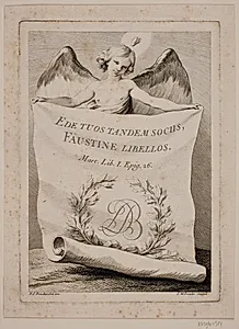 Titelkobber med en engel, der holder et stort papir by J.M. Preisler