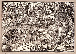 Titus Manlius dræber gallereren på broen by Tobias Stimmer