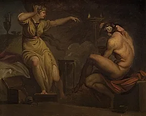 Tjenestepigen Fotis forfærdes over, at heksesalven forvandler hendes elsker Lucius til et æsel og ikke til en fugl by Nicolai Abildgaard