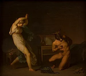 Tjenestepigen Fotis forfærdes over, at heksesalven forvandler hendes elsker Lucius til et æsel og ikke til en fugl. Motiv fra Apulejus: Det gyldne æsel by Nicolai Abildgaard