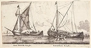 To både ved en bølgebryder. En kaag fra Frisienland og en kaag fra Gelderse by Reinier Zeeman